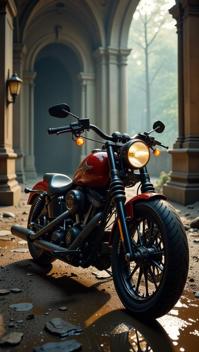 photograph, Golden ratio, medium close up shot of a Prussian Harley Davidson , it is very Ornate and Moving