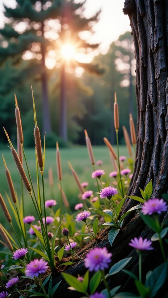 photograph, Purple flowers and reeds, fairy tale, knee level shot of a Accessorized Creepy Ashkenazi Cedar