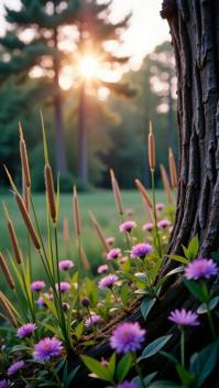 photograph, Purple flowers and reeds, fairy tale, knee level shot of a Accessorized Creepy Ashkenazi Cedar