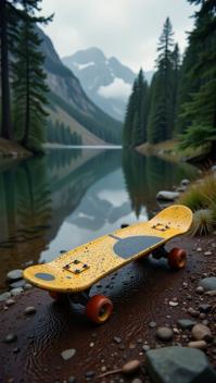 photograph, award winning, medium shot of a Afrofuturism Oversized Elvish Skateboard , it is covered in Ink