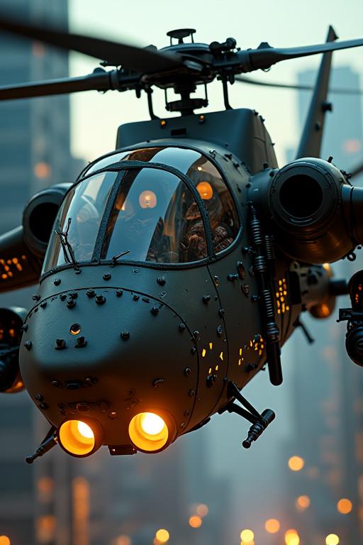 Digital art featuring a futuristic attack helicopter in a cyberpunk city at night The hull is made of dark gunmetal alloy with rivets, bolts, glowing LEDs and diodes, and the helicopter has large guns mounted on the exterior The cockpit shows wide view of the ship
