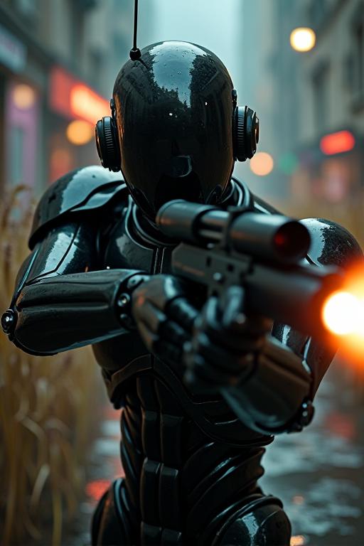 Digital artwork depicting a cyberpunk scene with a humanoid robot looking directly at the viewer, wearing a black ceramic head and aiming a blaster gun at an unseen target The background is illuminated by dimly lit urban streetscape, with intricate details reminiscent of reeds and cypress The overall style can be compared to a composition inspired by the work of Boris Groh and the artist s own artistic styles