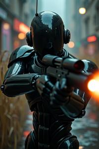 Digital artwork depicting a cyberpunk scene with a humanoid robot looking directly at the viewer, wearing a black ceramic head and aiming a blaster gun at an unseen target The background is illuminated by dimly lit urban streetscape, with intricate details reminiscent of reeds and cypress The overall style can be compared to a composition inspired by the work of Boris Groh and the artist s own artistic styles