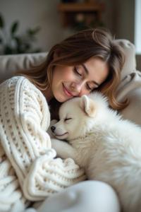 Portrait of a very beautiful smiling woman called Elle wearing a super nice white knitted swaeter and white kniited overknees, she is lying on the couch, relaxing, beside her is lying a supercute fluffy white puppy