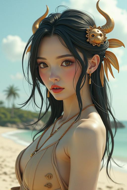 Digital artwork depicting a stunning oriental woman with dark hair and red lips, wearing an android cyborg face She has been carved out of clay and is floating in the air on a beach The background is made up of a magical bronze campsite, with a characterisation reminiscent of a demon floating around it