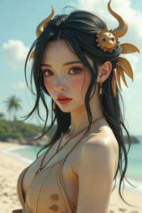 Digital artwork depicting a stunning oriental woman with dark hair and red lips, wearing an android cyborg face She has been carved out of clay and is floating in the air on a beach The background is made up of a magical bronze campsite, with a characterisation reminiscent of a demon floating around it