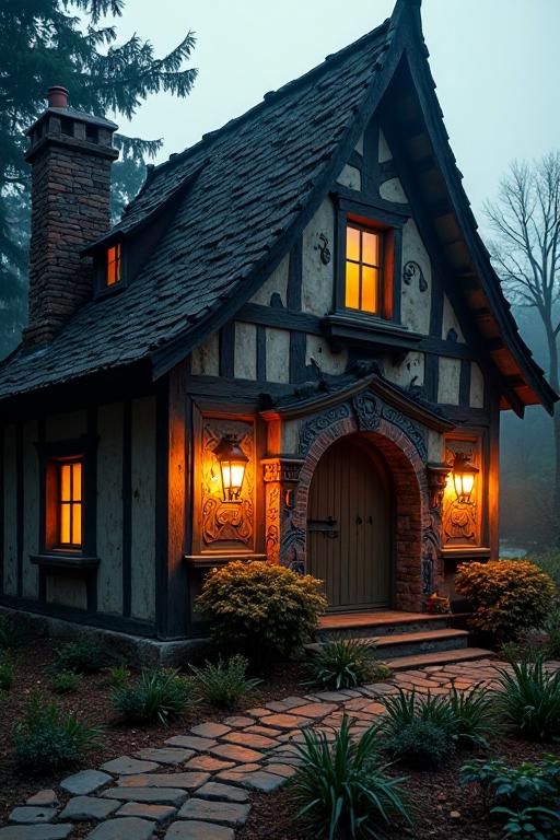 A magical seductive cottage with intricate details etched into its exterior, illuminated by soft shadows and the flickering of a nearby firelight, as seen through the lens of a s inspired photograph
