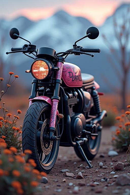 Photograph of a Passionate Inspired Inuit Motorcycle with broken blossoms and graphic novel style graffiti engraved with Tiger and dark pink patterns, in the background are desolate flora and Zodiacs with Serene and Bokeh lighting, as seen through a cybergoth art piece