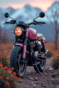 Photograph of a Passionate Inspired Inuit Motorcycle with broken blossoms and graphic novel style graffiti engraved with Tiger and dark pink patterns, in the background are desolate flora and Zodiacs with Serene and Bokeh lighting, as seen through a cybergoth art piece