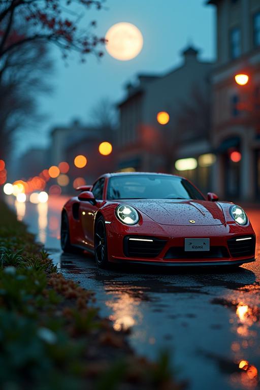 A cinematic medium shot of a Porsche model inspired by Pepsi and the fairy tale concept with a tilt shift, movie still with a tilt shift crop, spring background, lush reeds and city with moon in the night