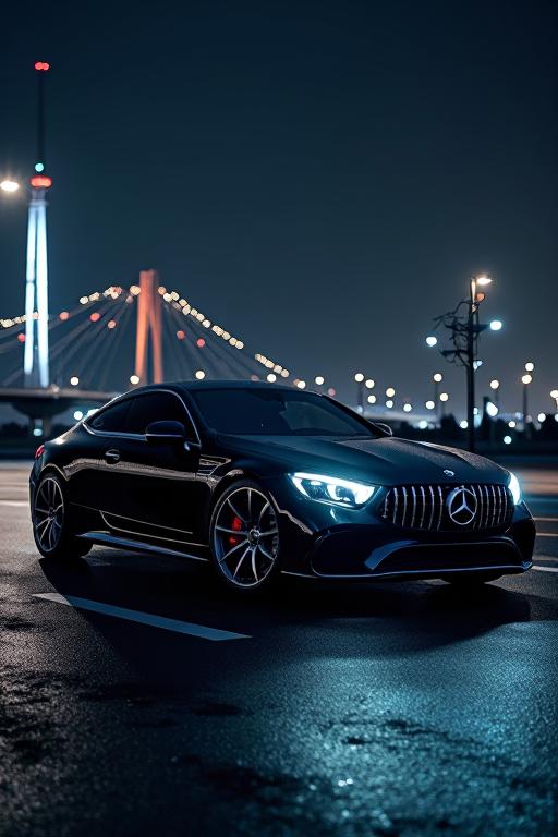An epic scene of a Mercurius Mercedes Benz in the style of behance, with ornate details and sleek lines, captured on a night time at work