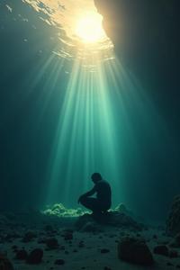 An eerie scene of a futuristic underwater world where the sun beats down on the surface, with an ominous sci fi inspired background and a lone figure huddled in the depths, captured in a cinematic medium shot, reminiscent of the style introduced by Alice Neel and William Powell Frith