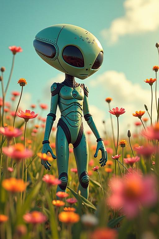 An image depicting a Soutache made from Heliosphere, with an Alien setting in the style of Studied Castle and a bokeh effect, set against a summer grass and flower field backdrop It features a graphic novel style artwork called Cinestill, with selective focus on a characterisation reminiscent of a Hackercore image The image has a split lighting composition
