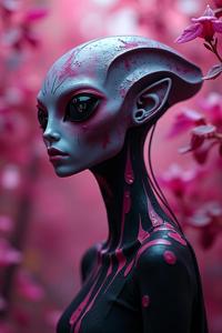 Portrait of an elegant and mysterious alien named Aestheticism Brilliant Catalan, covered in oil paint and surrounded by a bokeh haze with a Fuchsia foliage, creating an eerie and surreal atmosphere reminiscent of the sci fi films