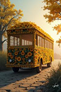 Digital illustration, a photo of a Qin Dynasty bus covered in cobwebs, made from sunflowers, with sunlight streaming through the window