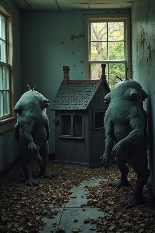 a dark and eerie scene unfolds before your eyes as a group of monsters gather around a small, abandoned house The walls are painted in muted colors, and the windows are shattered The air is thick with the scent of decay, and the sound of rustling leaves fills the room The scene is both terrifying and terrifying