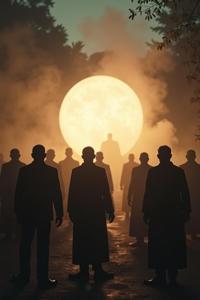 a group of hazy figures, dressed in black and white suits, stand in front of a large, glowing orb The scene is set against a backdrop of dark shadows