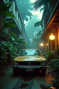 An epic cinematic medium shot of a unique and highly detailed Long Exposure of a Darksynth Masterpiece Prehistoric Honda with a mix of Neutral flora and indoors, Hurricane, equirectangular , Realistic