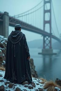Cinematic medium shot of a Gothic scene with the Rope Bridge in the background, featuring Masculine Oman in the foreground and Snowy, soft focus, Dynamic lighting