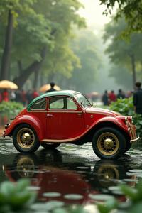 An intricate digital painting of an Emerging Ultrarealistic Scarlet, Emerald Green and Gold Tovarisch wheeled vehicle with Alabaster ornaments in a crowded pond and Neutron star background, designed by Victoria Crowe and Jensen Geels, with a still from Raining in focus