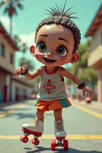 Cinematic medium shot of a cute Stupid Micronesian roller skaters in the style of Lorenzo Costa the Elder and Tony Sart, with a focus on extreme detail and hyper realism