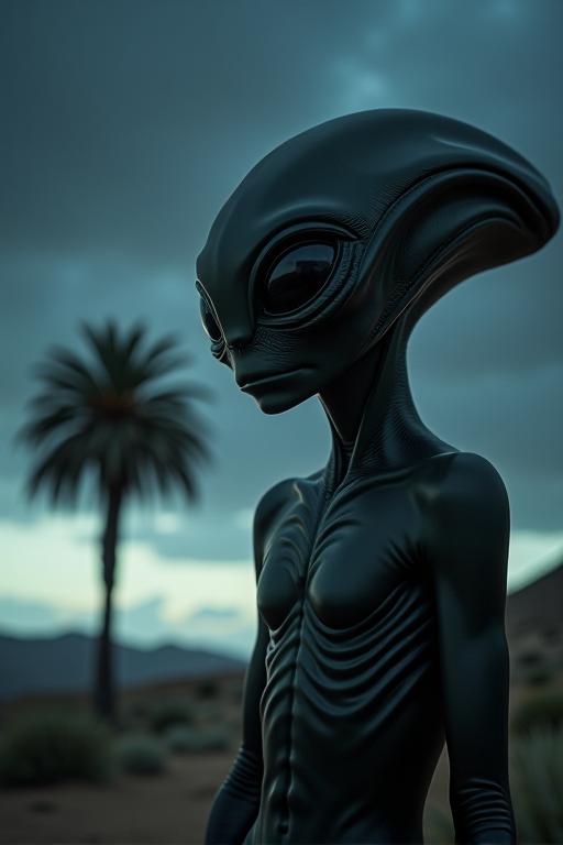 Cinematic medium shot featuring a mysterious alien in the foreground, with a split diopter landscape and a palm tree against a dark sky The image is inspired by the artwork The Re imagining of an Alien as a Film Creature from the artist s personal collection