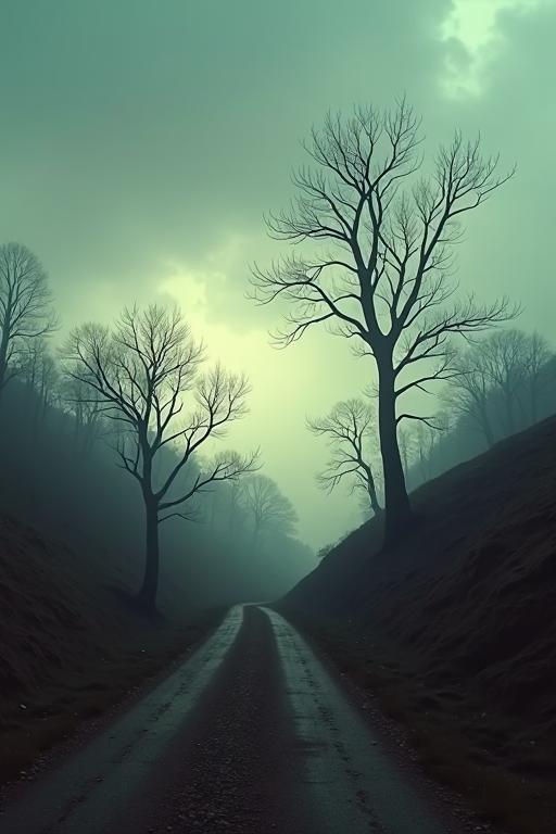 Cinematic medium shot of a surrealistic image inspired by James Bond from the s The scene features desolate trees and a hillside in an eerie wonderous landscape with wide view and sketchy details reminiscent of a R B tune on the radio