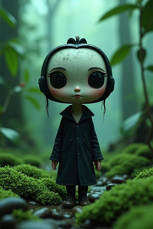 A cinematic medium shot of a grungy jungle with algae, featuring a cartoonish character made from Azalea and Lord of the Rings scenery landscape The image is inspired by the Addams family movie character, with an anthropomorphic reimagining in the style of Leandro Erlich and Bushido Studio