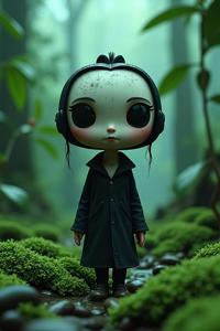 A cinematic medium shot of a grungy jungle with algae, featuring a cartoonish character made from Azalea and Lord of the Rings scenery landscape The image is inspired by the Addams family movie character, with an anthropomorphic reimagining in the style of Leandro Erlich and Bushido Studio
