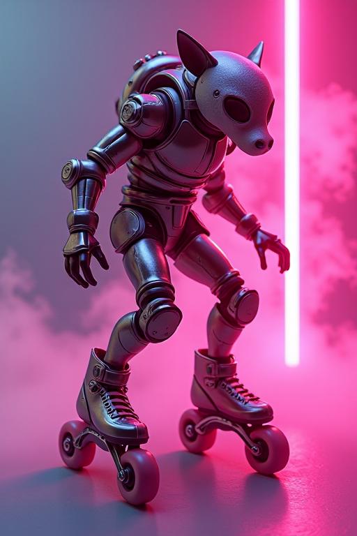 Digital painting of a anthropomorphic rollerblades model with metallic details inspired by an award winning image of the atypical Flossier Bantu Rollerblades in a futuristic metal gear The scene features a smoky and glowy background with fluorescent pink neon hue, adding to the overall aesthetic