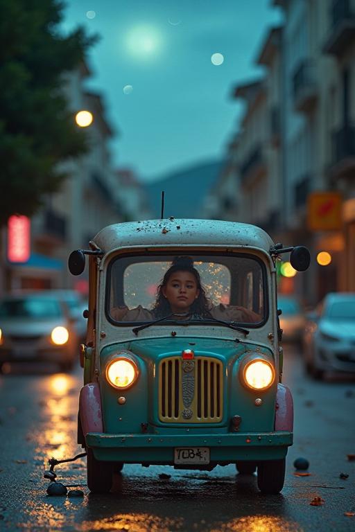 A Floating Annoyed Fluid Micronesian in a Vile Mdina on an Annoyed Fluid Tuk tuck, with Pearlescent ornaments and dark pastel light from within, under a Lush City Street, the scene is set against a backdrop of a Hazy Orion s Belt