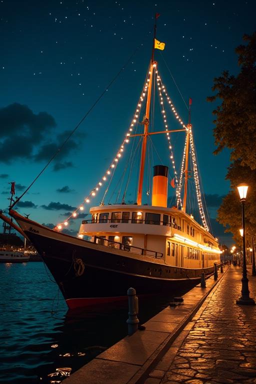 Cinematic medium shot of a Sweltering s traditional Parisien Cruise ship , made from Meteor shower, Capricornus constellation background, Bikinied fauna and street