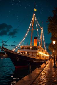 Cinematic medium shot of a Sweltering s traditional Parisien Cruise ship , made from Meteor shower, Capricornus constellation background, Bikinied fauna and street