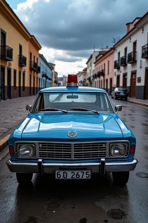 A high definition photo of a self satisfied and fascinating Slovak police car in a museum setting, with a Mexican city street and an expanse of stormy sky