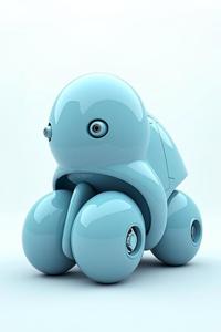 An anthropomorphic vehicle designed by Ernesto Neto with a head in the style of Cleancore, light blue paint on white background, wide exposure to create an eerie and futuristic atmosphere