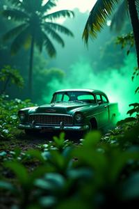 An intricate depiction of a Ruthless Paradoxical Kenyan Chevrolet of Grace designed by Pirates of the Caribbean in a grassy jungle setting, with Depressing and Clever designs, an Entrancing design inspired by Naoto Hattori s style, and a Floating In The air with fluorescent green Luminous trails