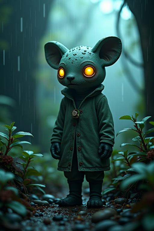 A fractal heartless folk in a desolate and gloomy underground world It is an anthropomorphic animal with a glowing face, dressed in plain indoor attire, surrounded by dense plants and raindrops, under a split diopter sky The scene is filled with the ambiance of a peaceful but still tense environment