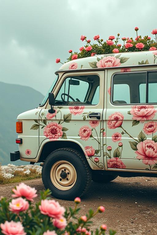 A cinematic medium shot of a highly detailed aerial view of an Inuit wheeled vehicle with a delicate floral and animal pattern on the driver s side door, covered in floral details inside a Freelance Dormitory filled with peonies, amidst a cloudy sky and sharp focus, with pastel colored illustrations and a soft vibrancy that adds to the whimsical atmosphere