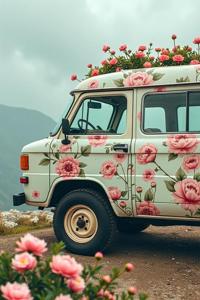 A cinematic medium shot of a highly detailed aerial view of an Inuit wheeled vehicle with a delicate floral and animal pattern on the driver s side door, covered in floral details inside a Freelance Dormitory filled with peonies, amidst a cloudy sky and sharp focus, with pastel colored illustrations and a soft vibrancy that adds to the whimsical atmosphere