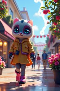 An elegant, cyberpunk image featuring a colorful character with anthropomorphic features and an Overwatch game character inspired by the concept of a tuk tac memory The scene is set in a bustling shopping mall with spring vegetation and flowers, against a bright light source There is also a thunderstorm in the background
