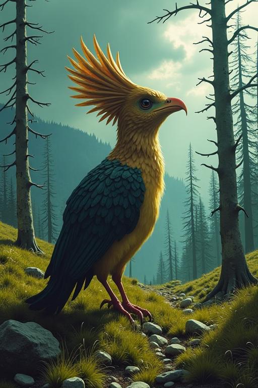 A surrealistic depiction of a Norse Sots Art Consciousness with an anthropomorphic bird, inspired by the concept of the Appalachian Trail and the imagery of desolate trees with meadows, stormy weather, sharp and in focus lighting