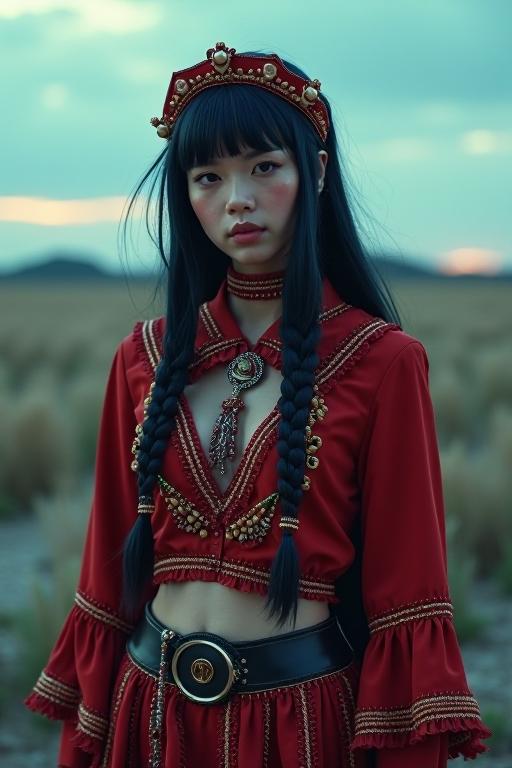 An epic cinematic medium shot of a Punks Thunderbird dressed as a She Ali in the style of Whimsical and Hippiepunk with deep red embroidery and simple three colors background, at Blue hour, soft focus on a dynamic scene with artstation trending for digital artwork