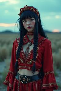 An epic cinematic medium shot of a Punks Thunderbird dressed as a She Ali in the style of Whimsical and Hippiepunk with deep red embroidery and simple three colors background, at Blue hour, soft focus on a dynamic scene with artstation trending for digital artwork