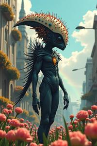 Digital art of a mysterious alien dressed as a Yacht of Treachery with a Spiderweb pattern on the side, covered in spikes and spiky petals, floating in the air and surrounded by a sea of Yacht of Trespasses The scene is set against a backdrop of a bustling street filled with Iris, a wide view of a dense and surreal landscape with Art Nouveau details