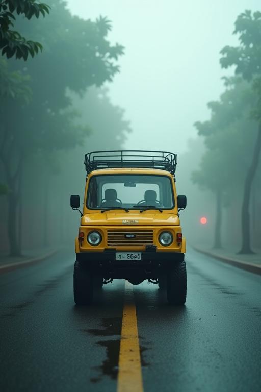 Cinematic medium shot of a Venezuelan wheeled vehicle on a dense street with foggy conditions and tilt shift, Maximalist style, covered in Paint