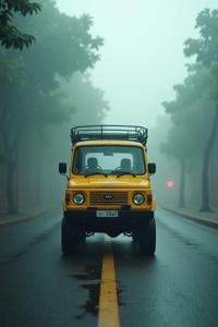 Cinematic medium shot of a Venezuelan wheeled vehicle on a dense street with foggy conditions and tilt shift, Maximalist style, covered in Paint
