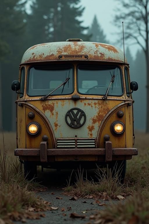 A cinematic medium shot of a rusty grand Flemish Camper with ornate details and plain dark hue background, inspired by The Hunger Games and featuring an Art Brut style, in focus, with a soft fill lighting to create an ADR effect