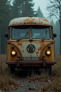 A cinematic medium shot of a rusty grand Flemish Camper with ornate details and plain dark hue background, inspired by The Hunger Games and featuring an Art Brut style, in focus, with a soft fill lighting to create an ADR effect