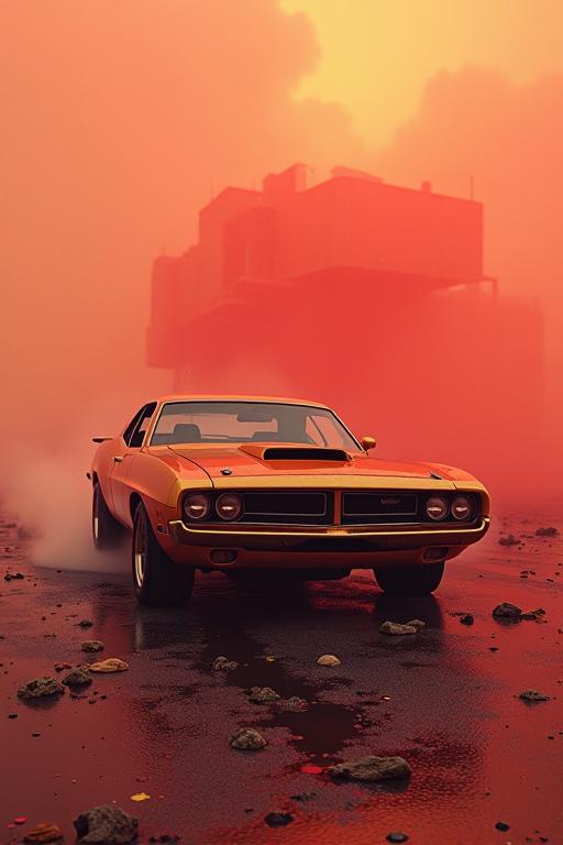 Movie still, Golden ratio, foggy red giant in background , s semi abstract Syrian Muscle car with intricate details