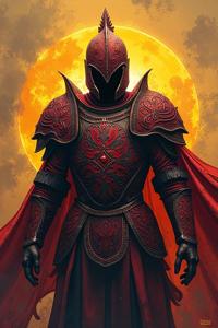 A haunting image of a brilliant armored Honduran covered in fire and engraved with peacock and mauve patterns, set against a Celtic background, bathed in rough sketchy shadows, the horizon is centered